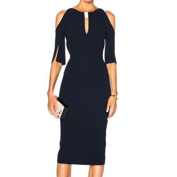 ROLAND MOURET Black & White “Keeling” Keyhole Slit-Sleeve Midi Crepe Dress SZ 6 - Picture 3 of 9